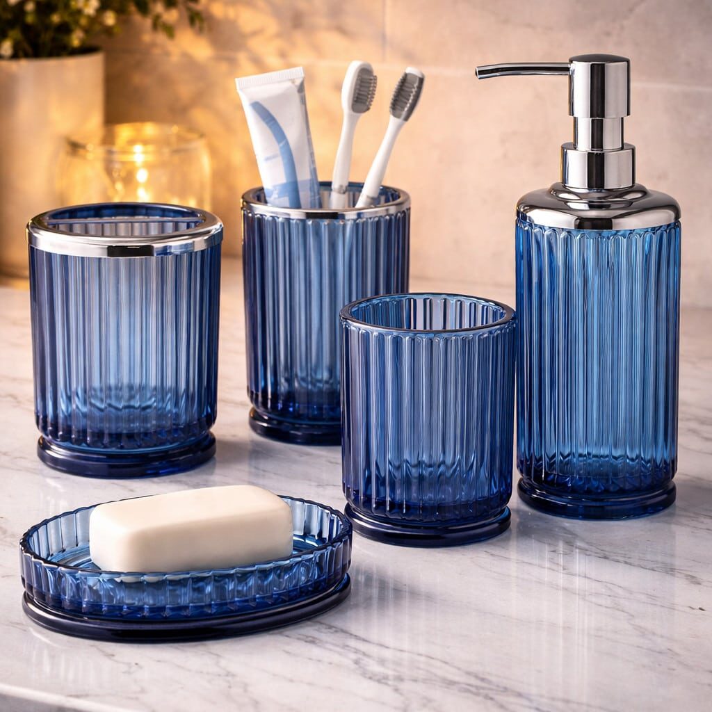 Lot de 4 Accessoires de Salle de Bain en Verre Bleu