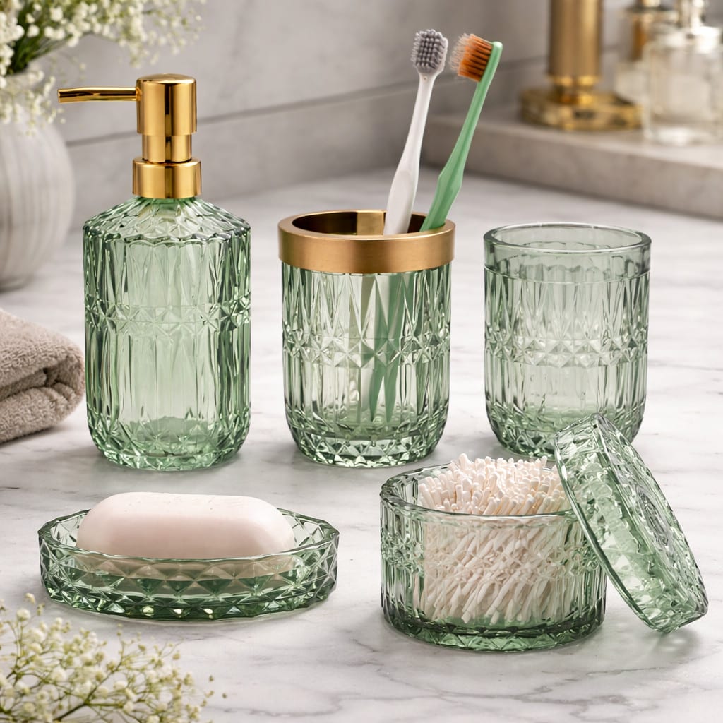 Lot de 5 accessoires verre vert avec distributeur de lotion