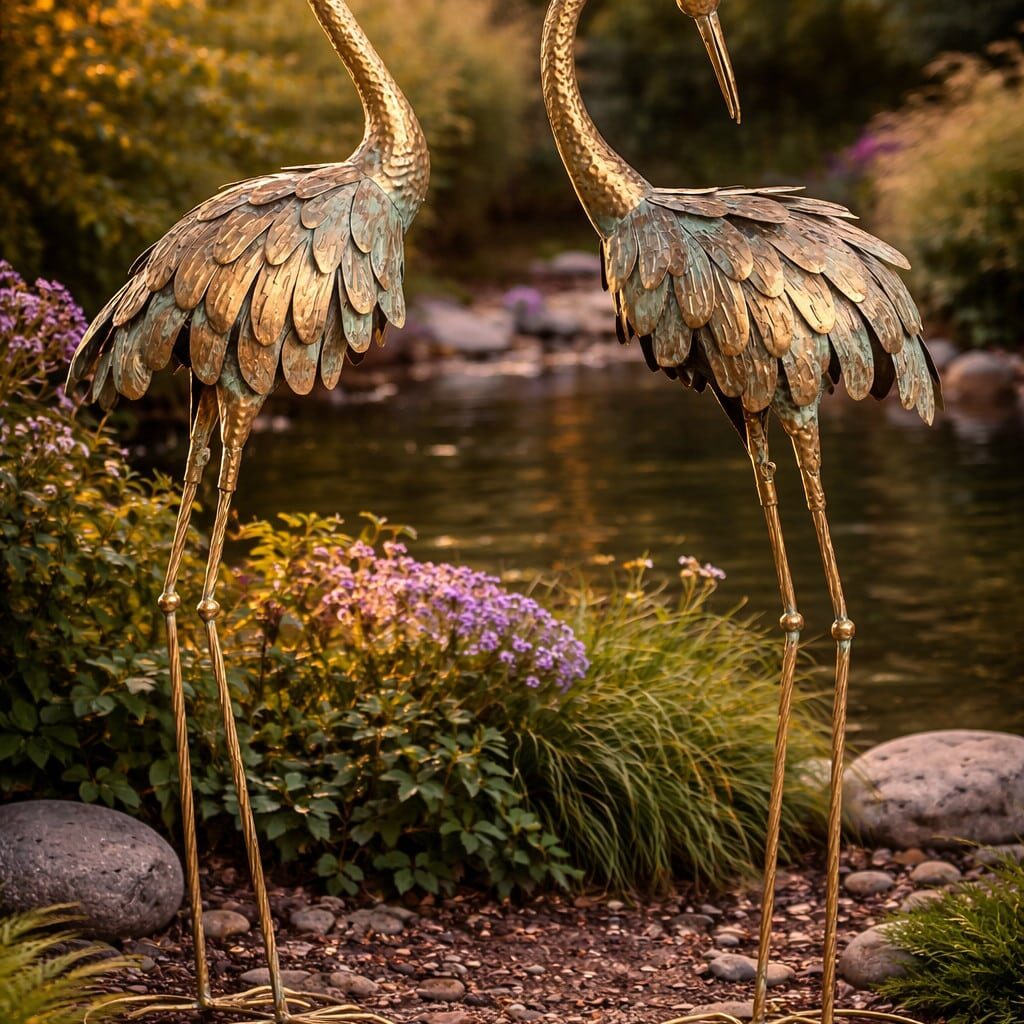 Lot de 2 Statues de Jardin, Sculpture de Héron en Métal