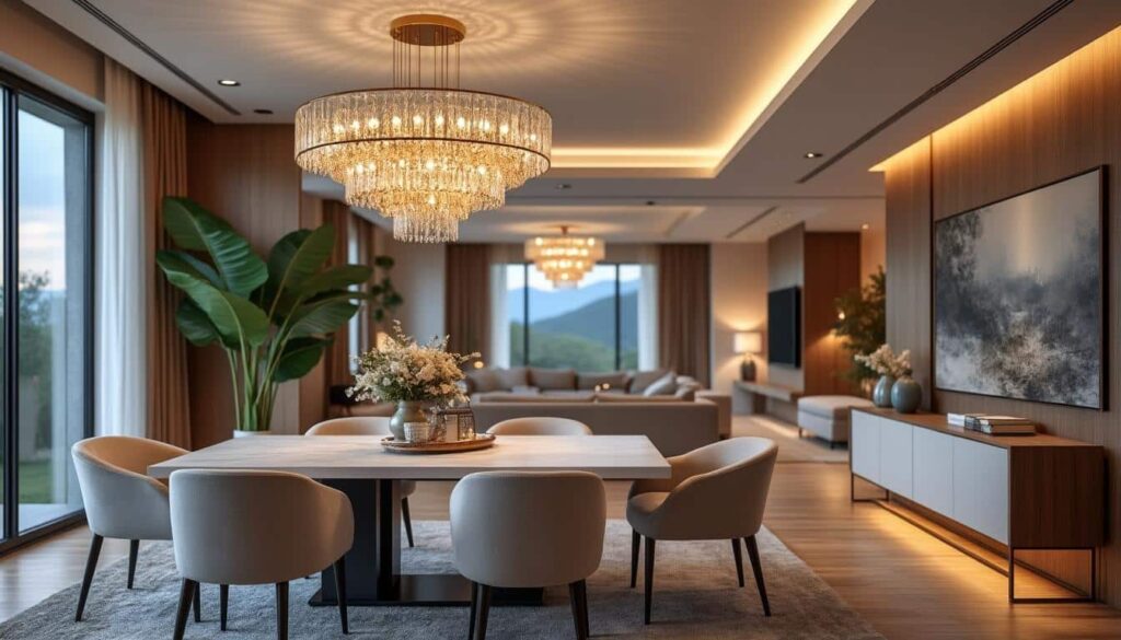découvrez la définition de l'espace repas intégré au séjour, sublimé par la présence imposante d'un lustre majestueux suspendu, créant une ambiance élégante et conviviale.