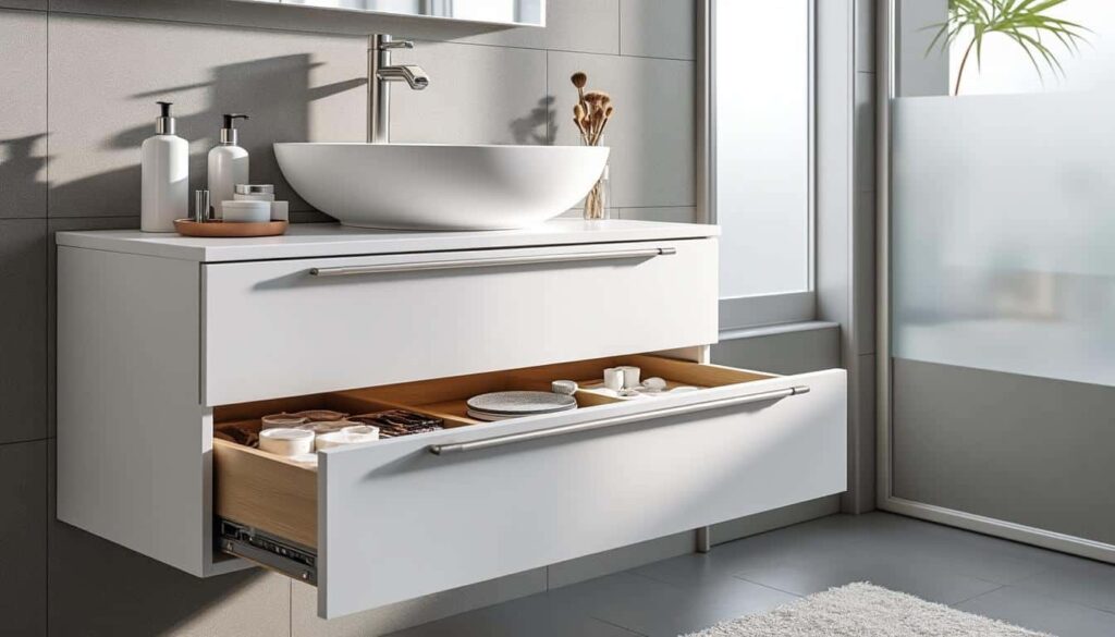 découvrez comment optimiser le stockage de vos produits de beauté grâce à un meuble sous vasque suspendu, alliant praticité et design pour un espace organisé et élégant.