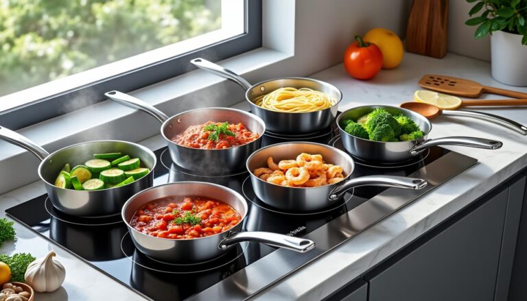 découvrez comment la large plaque à induction facilite la préparation simultanée de plusieurs plats, pour une cuisine plus rapide et efficace.