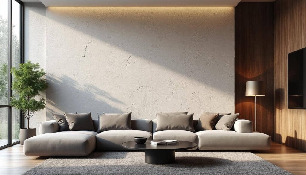 sublimez votre séjour en valorisant le mur principal grâce à l'application d'un enduit décoratif, apportant texture et élégance à votre intérieur.