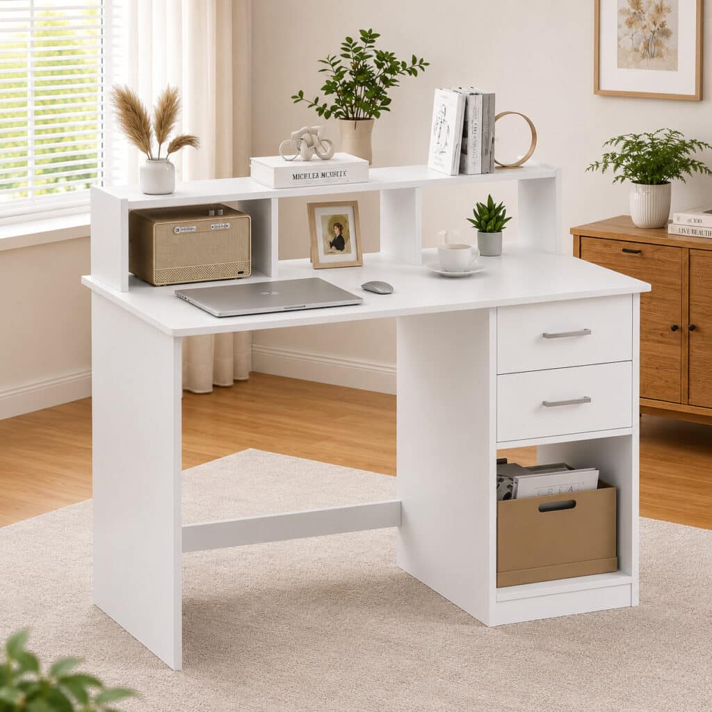 Bureau Ordinateur avec 2 Tiroirs et Étagères