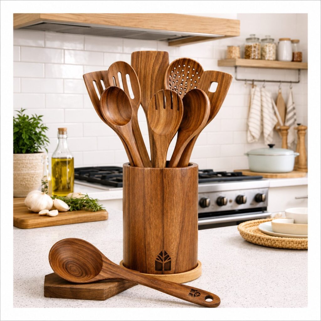 Ustensiles cuisine bois premium teck 12 pièces