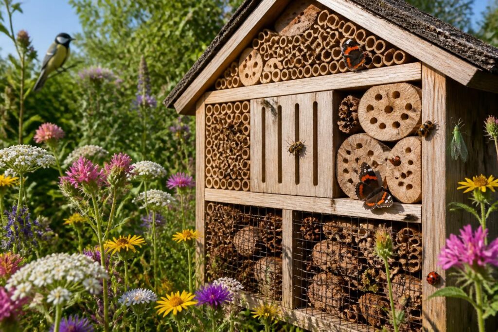 découvrez comment un hôtel à insectes en bois favorise la biodiversité locale en offrant un habitat naturel aux pollinisateurs et auxiliaires du jardin.