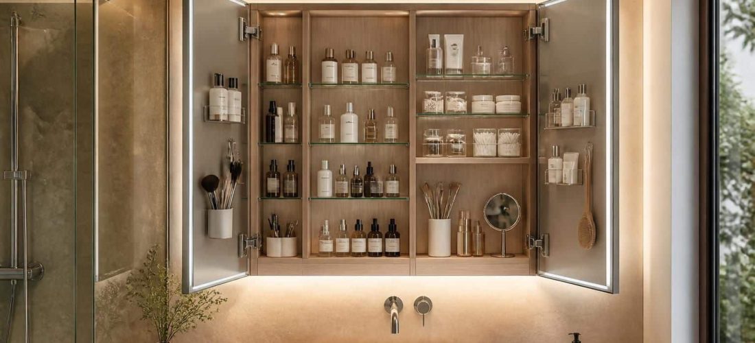 découvrez comment la liaison directe entre l'armoire de toilette éclairée et l'optimisation du rangement à hauteur des yeux améliore à la fois la praticité et l'esthétique de votre salle de bain.