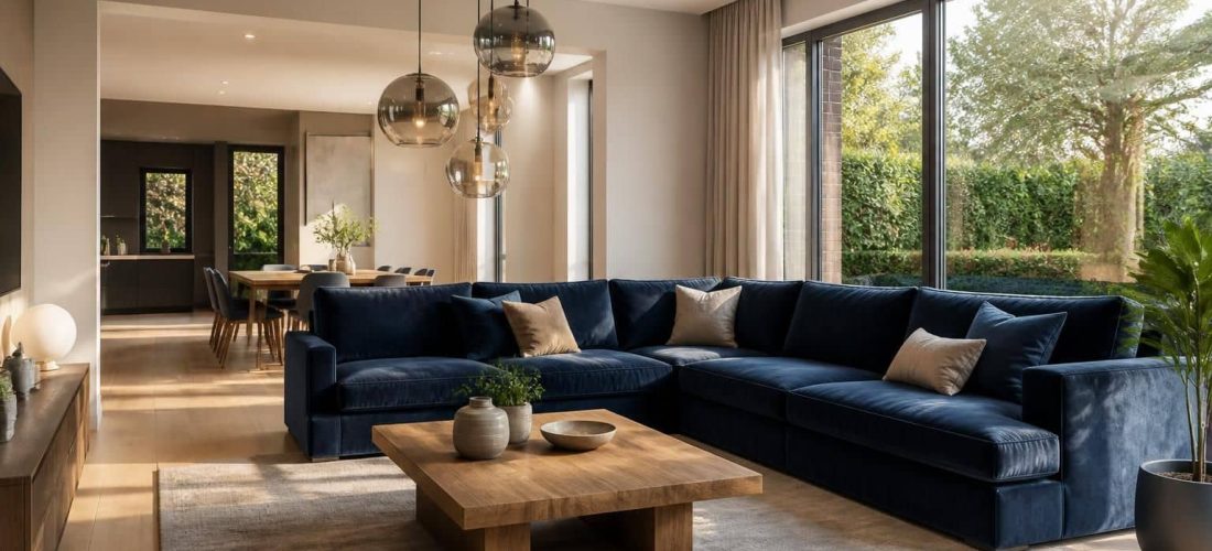 découvrez comment optimiser l'espace de votre salle de réception avec un canapé d'angle en velours, alliant confort et design pour une ambiance conviviale et élégante.